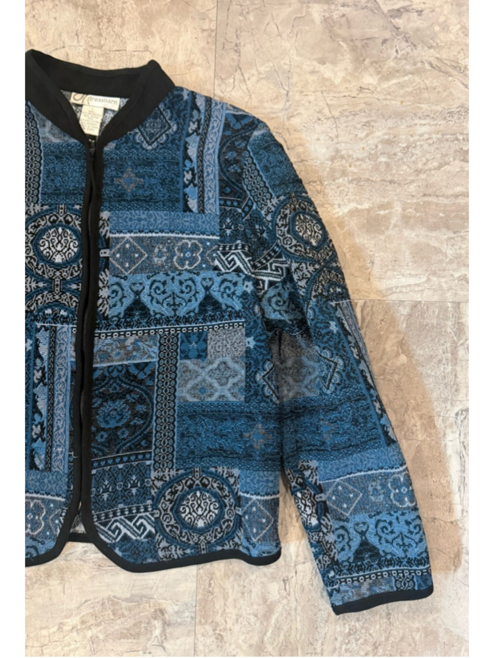 VTG Dressbarn Tapestry Jacket Women’s Sz L Full Zip Cottage Jacquard Broach